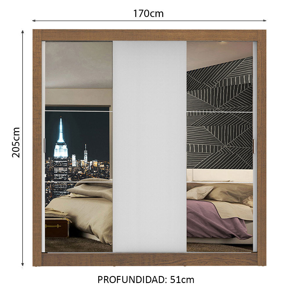 Placard Matrimonial Lyon 3 Puertas Corredizas con Espejos 2 Cajones Marrón/Blanco