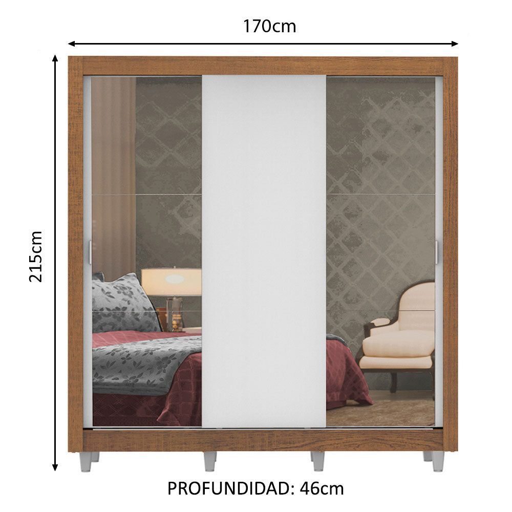 Placard Matrimonial Lyon Plus 3 Puertas Corredizas con Espejos 4 Cajones con Patas Marrón/Blanco