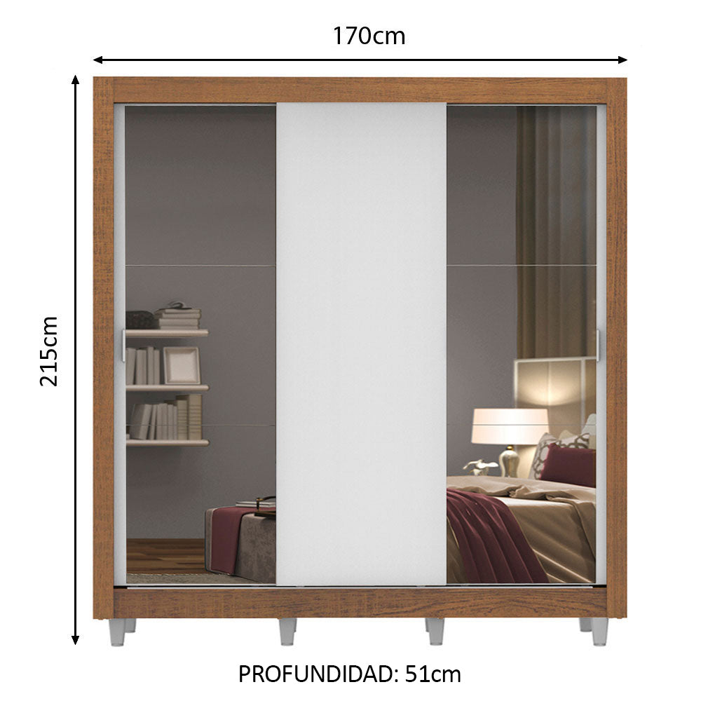 Placard Matrimonial Mónaco 170 cm 3 Puertas Corredizas con 2 Espejos con Patas Marrón/Blanco Madesa