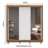 Placard Matrimonial Mónaco 170 cm 3 Puertas Corredizas con 2 Espejos con Patas Marrón/Blanco Madesa