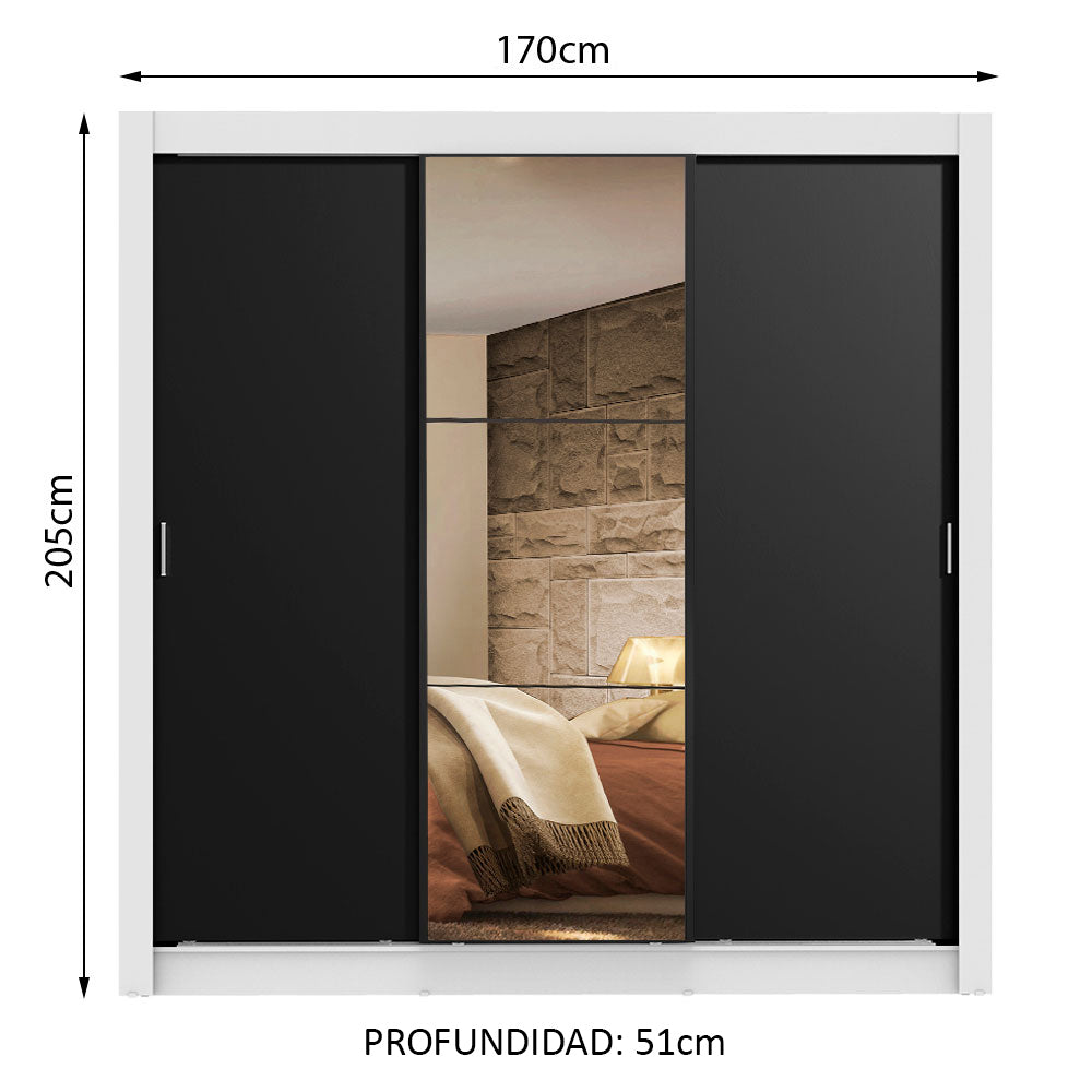 Placard Matrimonial Lyon 3 Puertas Corredizas con Espejo 2 Cajones Blanco/Negro