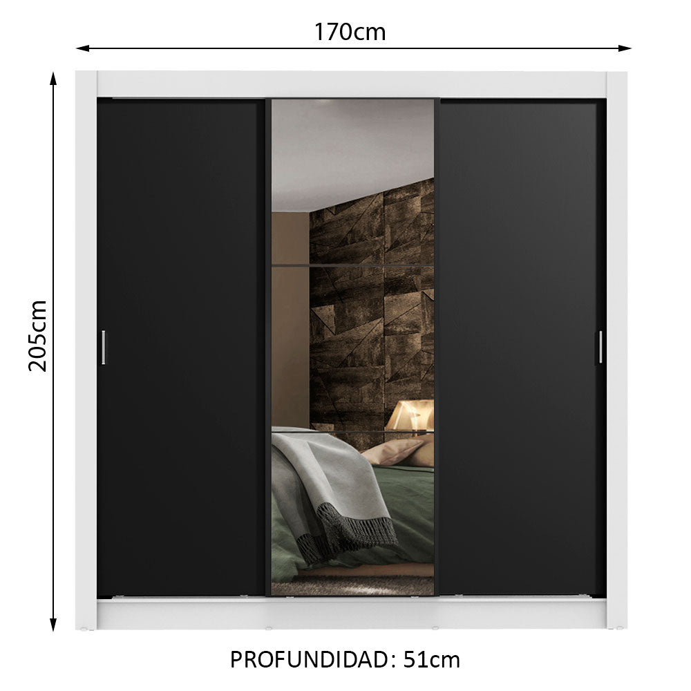 Placard Matrimonial Lyon Plus 3 Puertas Corredizas con Espejos 4 Cajones Blanco/Negro