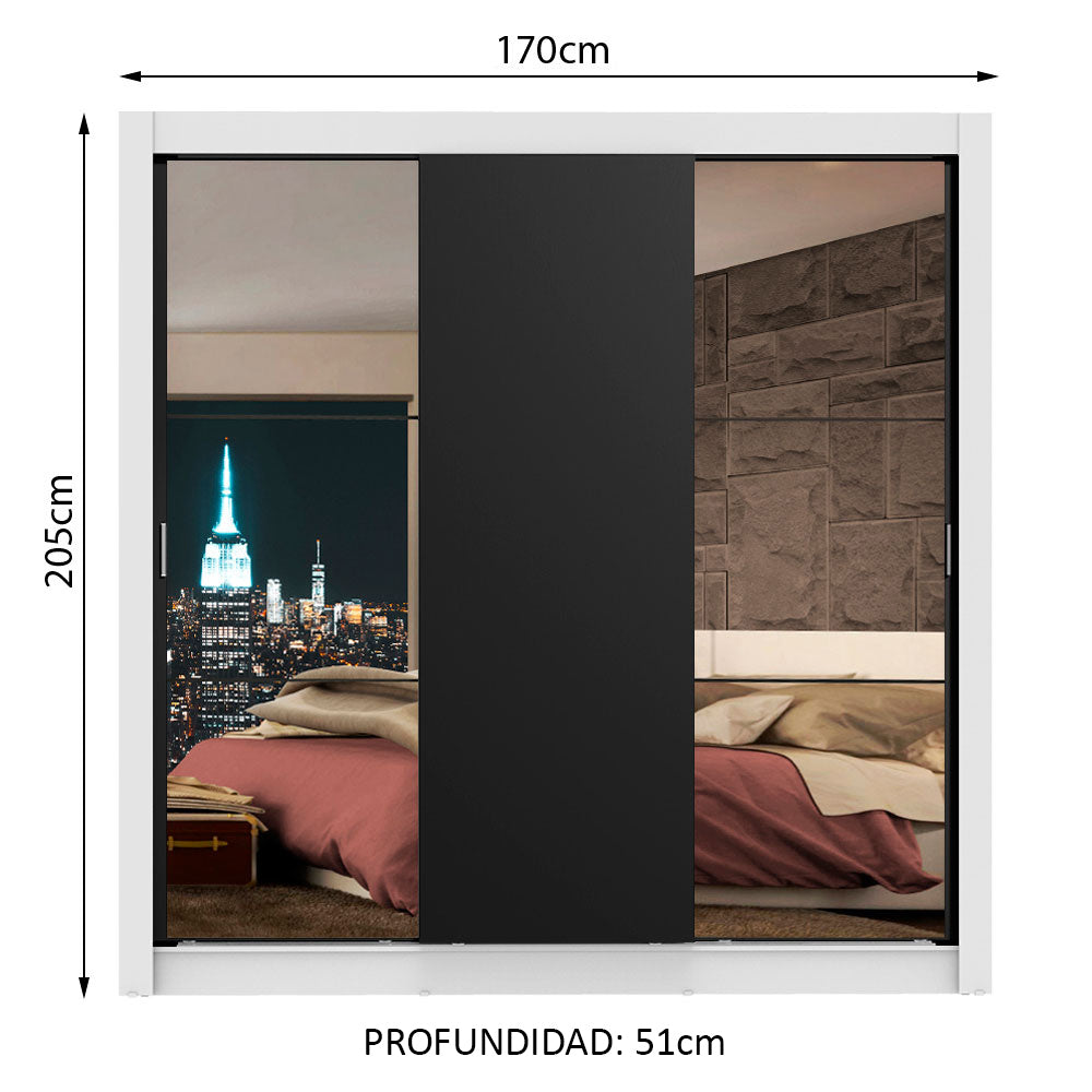 Placard Matrimonial Lyon 3 Puertas Corredizas con Espejos 2 Cajones Blanco/Negro