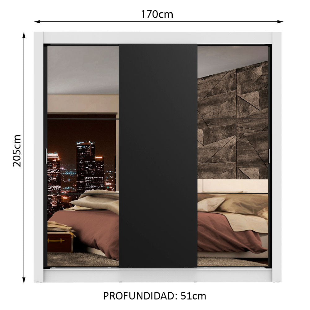 Placard Matrimonial Lyon Plus 3 Puertas Corredizas con Espejos 4 Cajones Blanco/Negro