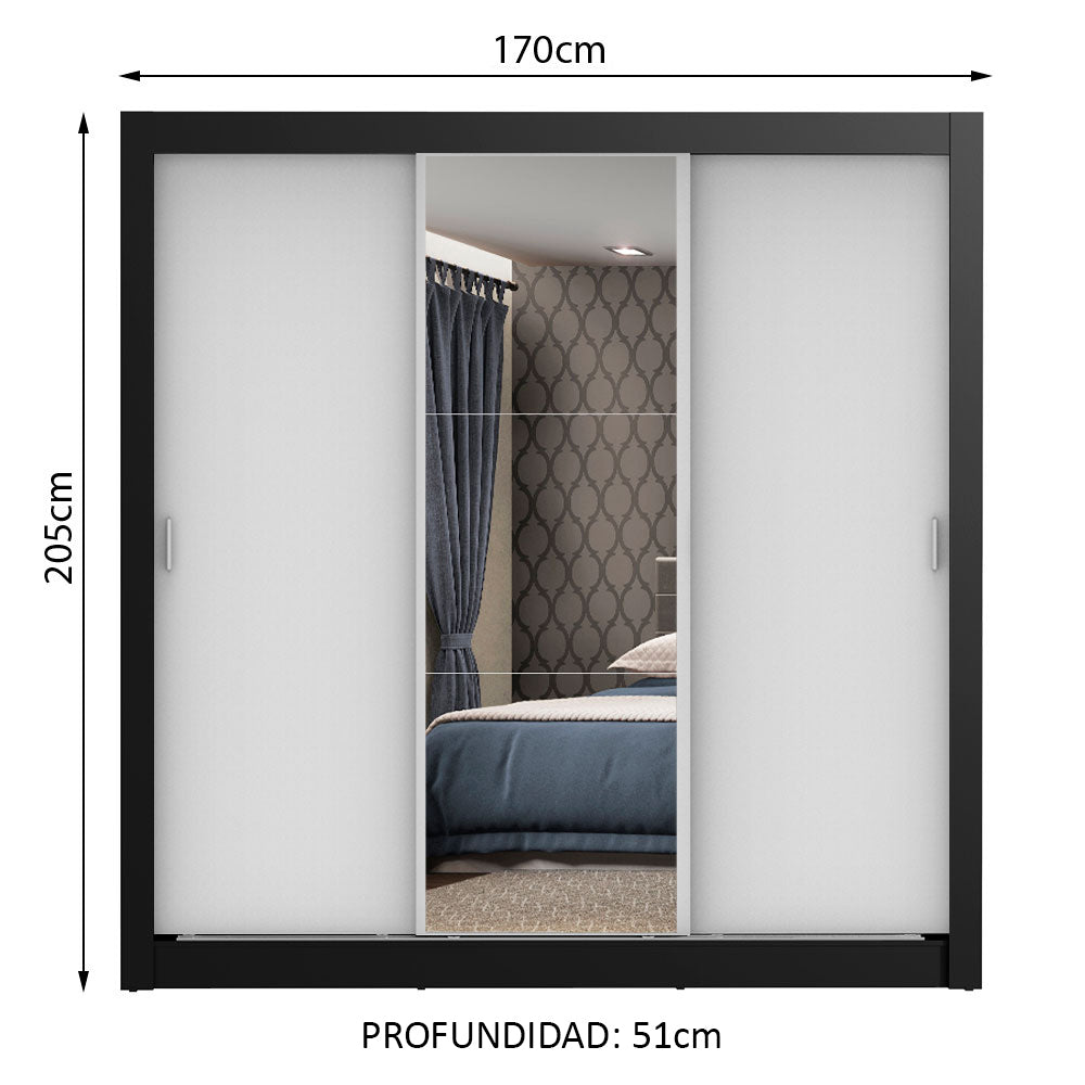 Placard Matrimonial Monaco 3 Puertas Corredizas 1 con Espejo Negro/Blanco