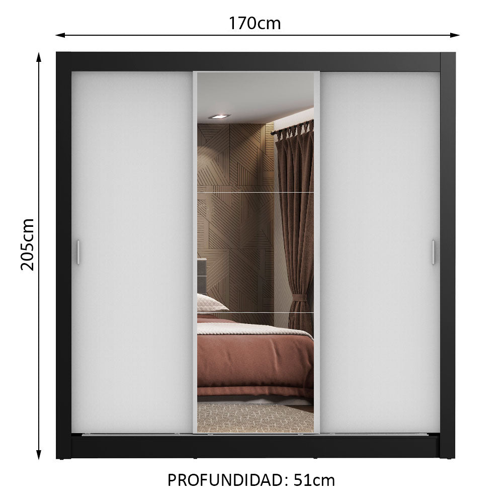 Placard Matrimonial Lyon 3 Puertas Corredizas con Espejo 2 Cajones Negro/Blanco