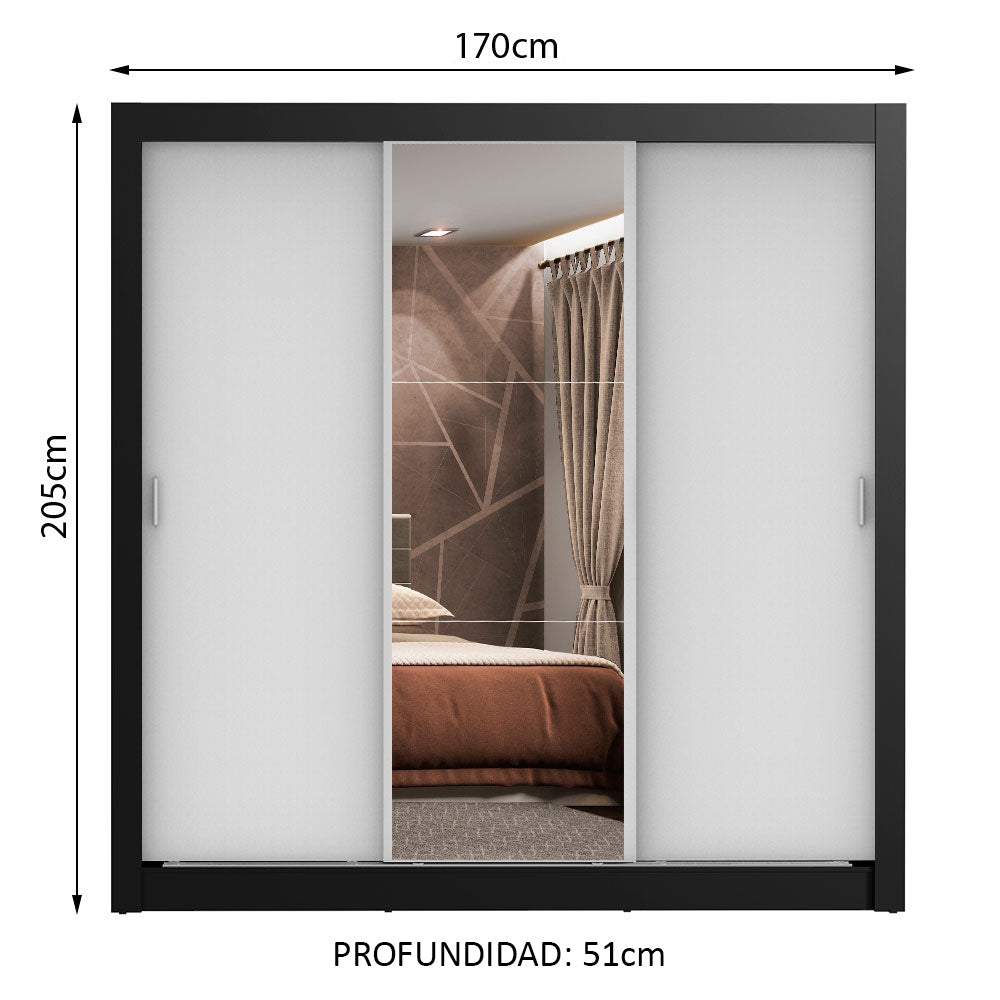 Placard Matrimonial Lyon Plus 3 Puertas Corredizas con Espejo 4 Cajones Negro/Blanco