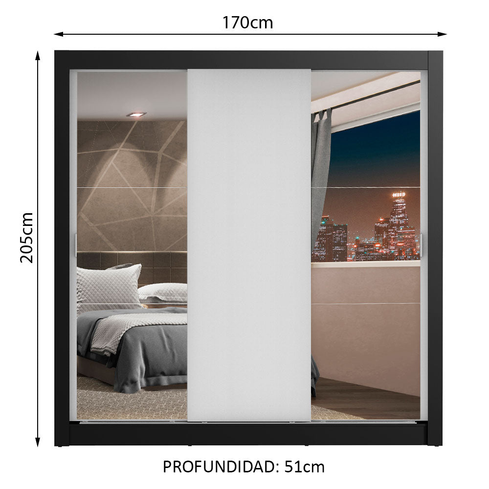 Placard Matrimonial Lyon Plus 3 Puertas Corredizas con Espejos 4 Cajones Negro/Blanco