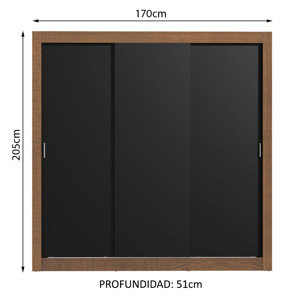 Placard Matrimonial Monaco 3 Puertas Corredizas Marrón/Negro