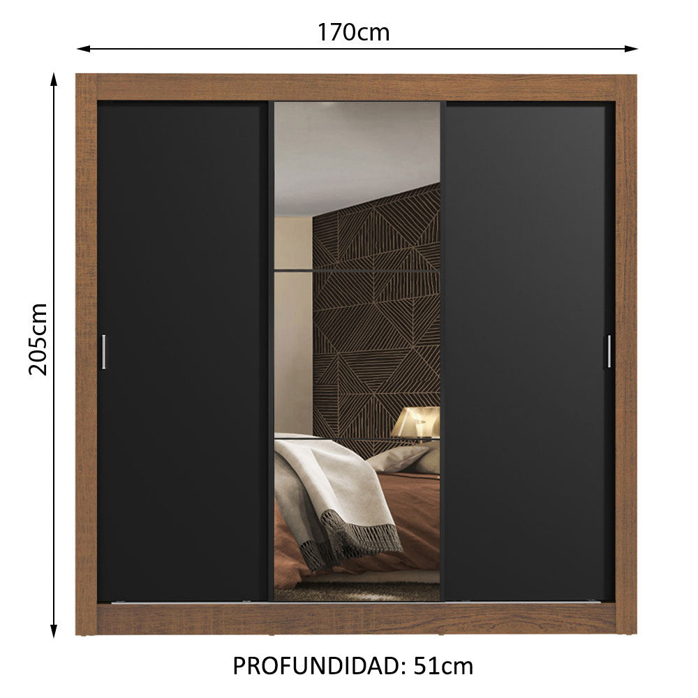 Placard Matrimonial Monaco 3 Puertas Corredizas 1 con Espejo Marrón/Negro
