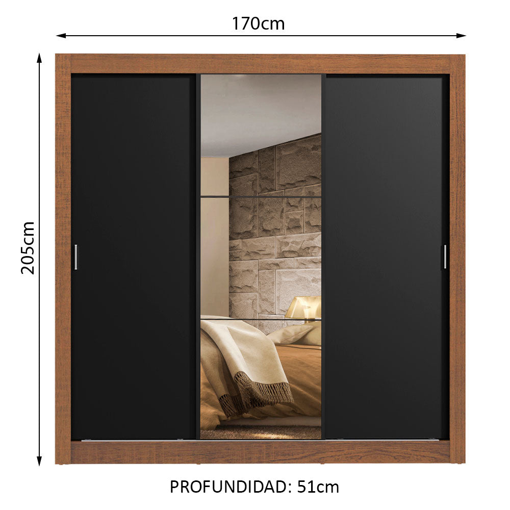 Placard Matrimonial Lyon 3 Puertas Corredizas con Espejo 2 Cajones Marrón/Negro