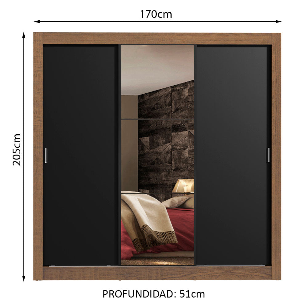 Placard Matrimonial Lyon Plus 3 Puertas Corredizas con Espejo 4 Cajones Marrón/Negro