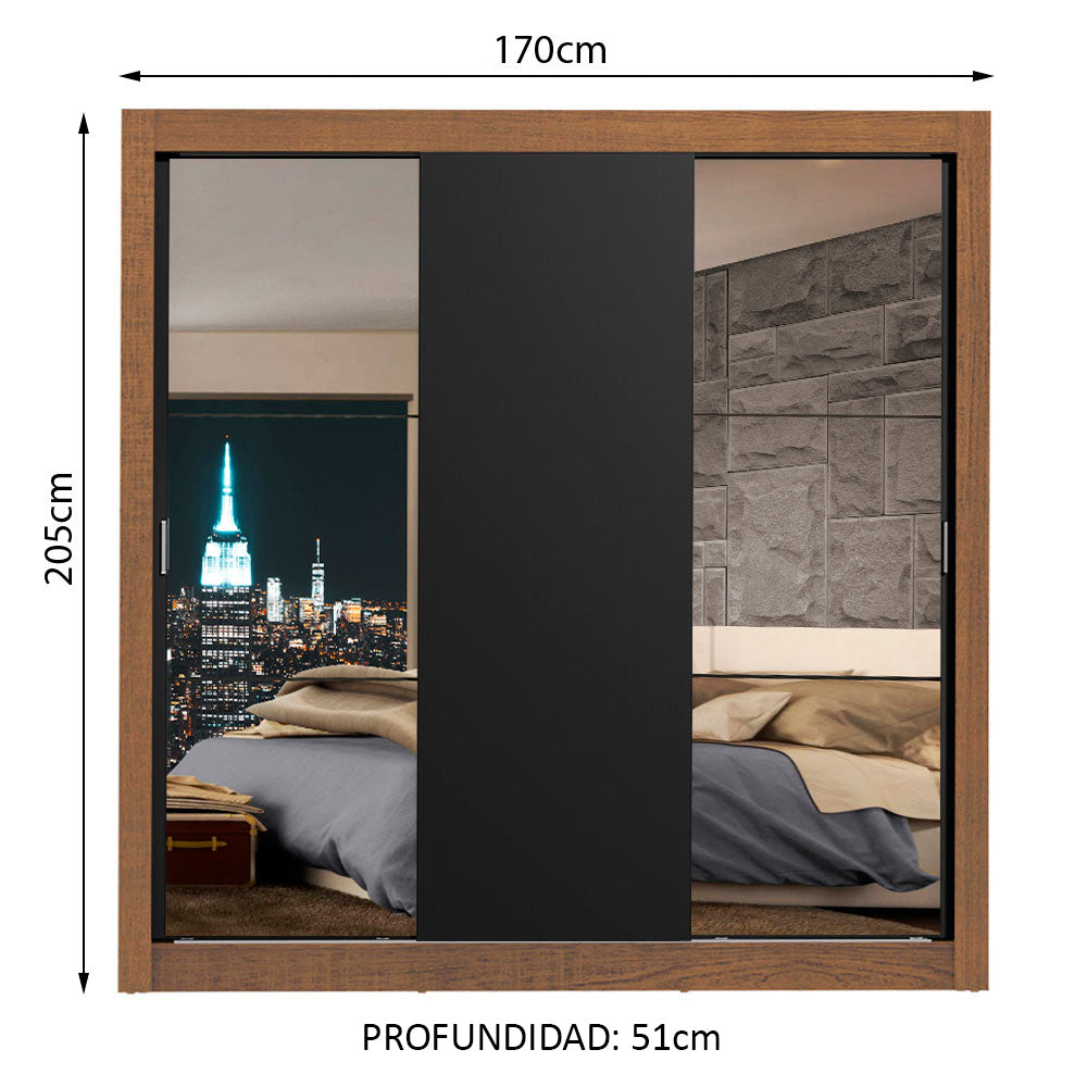 Placard Matrimonial Lyon 3 Puertas Corredizas con Espejos 2 Cajones Marrón/Negro