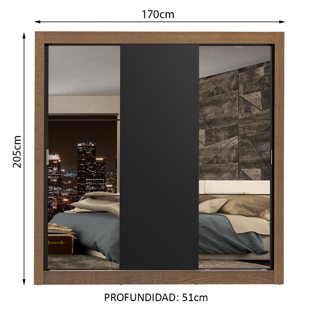 Placard Matrimonial Lyon Plus 3 Puertas Corredizas con Espejos 4 Cajones Marrón/Negro
