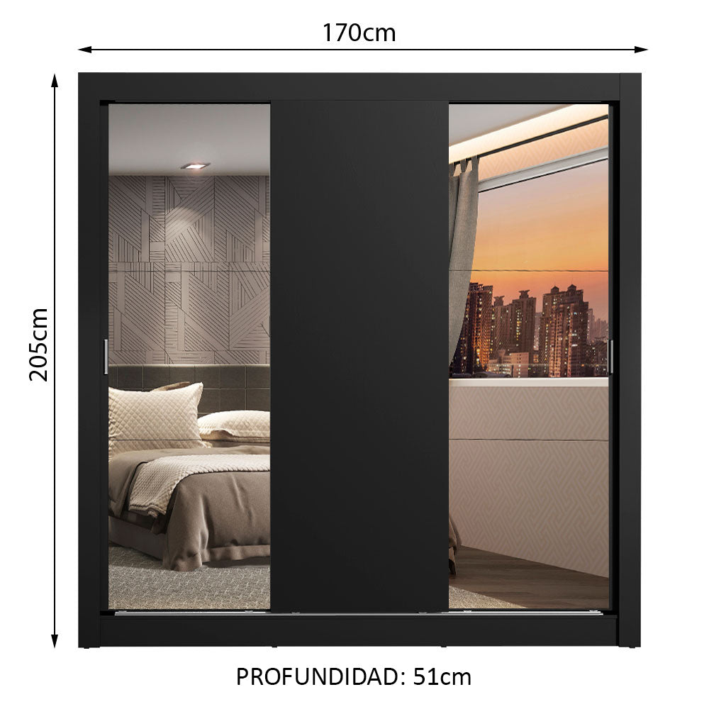 Placard Matrimonial Lyon 3 Puertas Corredizas con Espejos 2 Cajones Negro