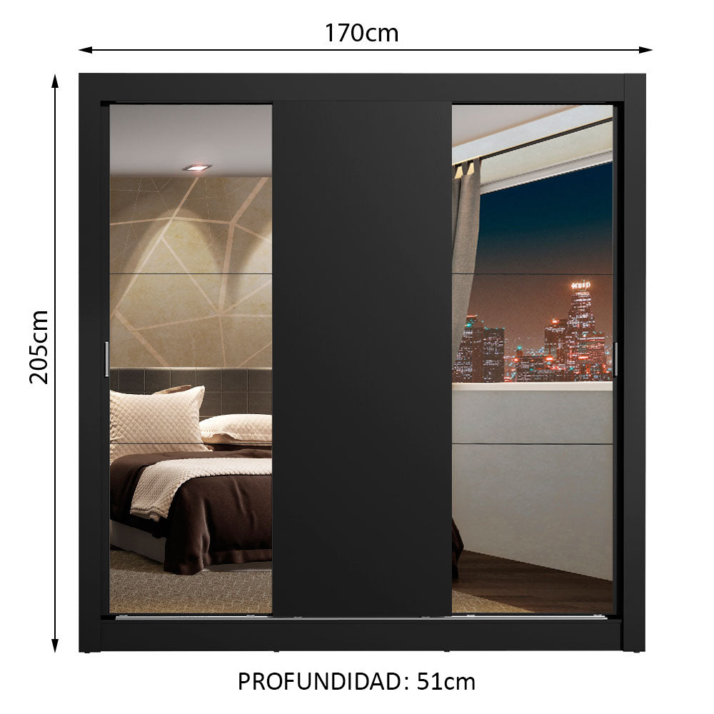 Placard Matrimonial Lyon Plus 3 Puertas Corredizas con Espejos 4 Cajones Negro