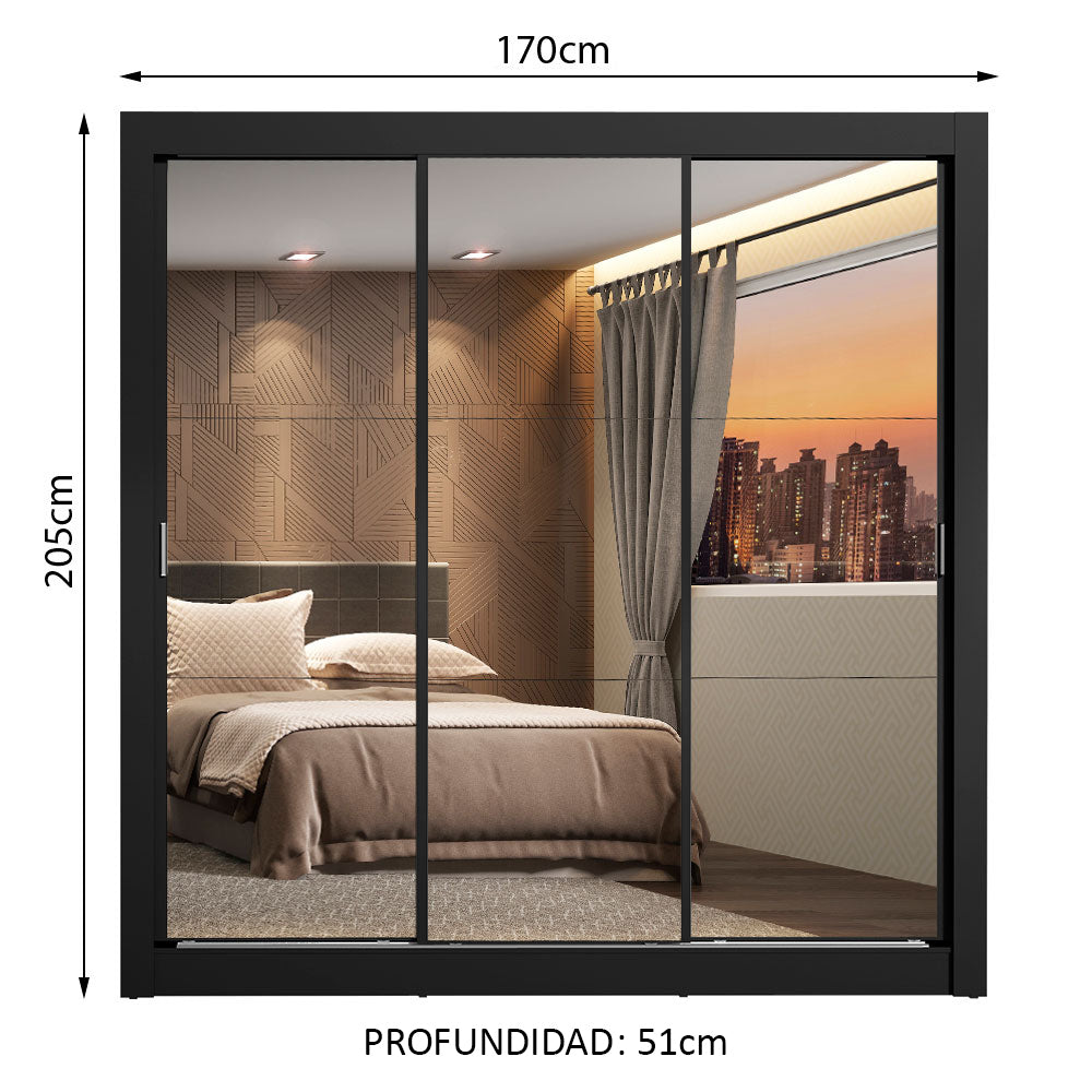 Placard Matrimonial Lyon 3 Puertas Corredizas con Espejo 2 Cajones Negro