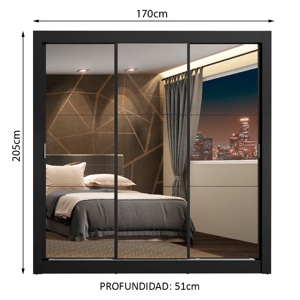 Placard Matrimonial Lyon Plus 3 Puertas Corredizas con Espejo 4 Cajones Negro