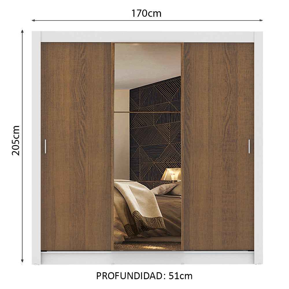 Placard Matrimonial Monaco 3 Puertas Corredizas 1 con Espejo - Blanco/Marrón