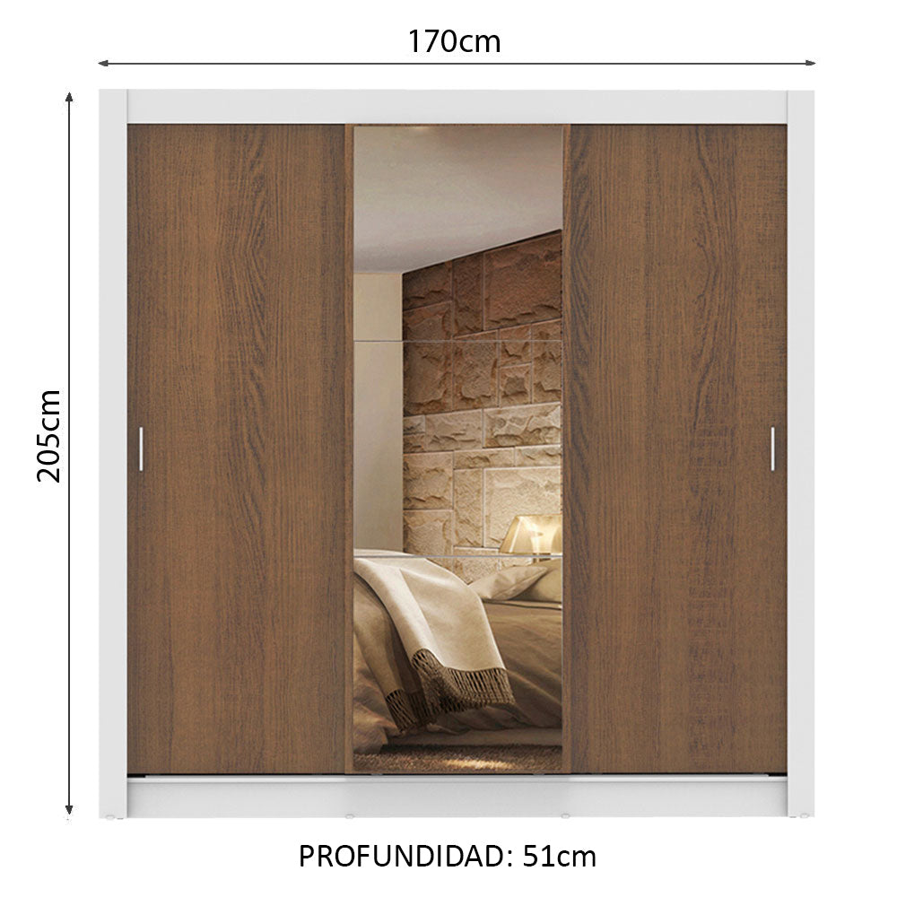 Placard Matrimonial Lyon 3 Puertas Corredizas con Espejo 2 Cajones Blanco/Marrón