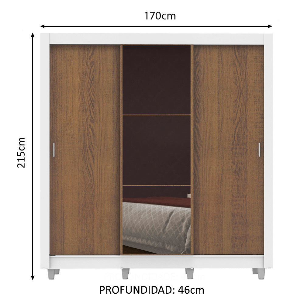 Placard Matrimonial Lyon 3 Puertas Corredizas con Espejo 2 Cajones con Patas Blanco/Marrón