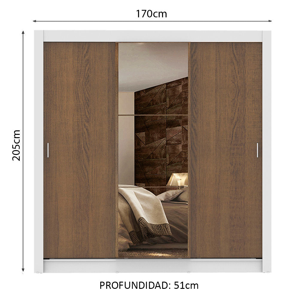 Placard Matrimonial Lyon Plus 3 Puertas Corredizas con Espejo 4 Cajones Blanco/Marrón