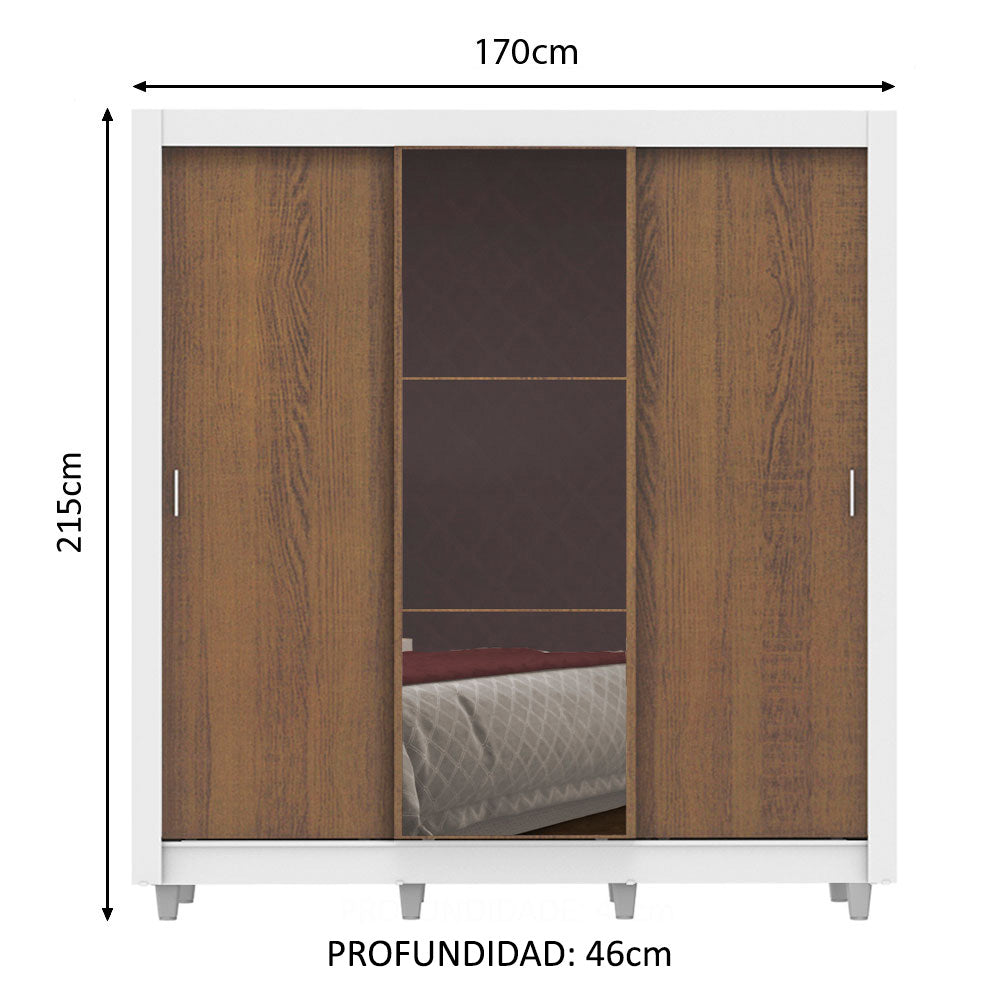Placard Matrimonial Lyon Plus 3 Puertas Corredizas con Espejo 4 Cajones con Patas Blanco/Marrón
