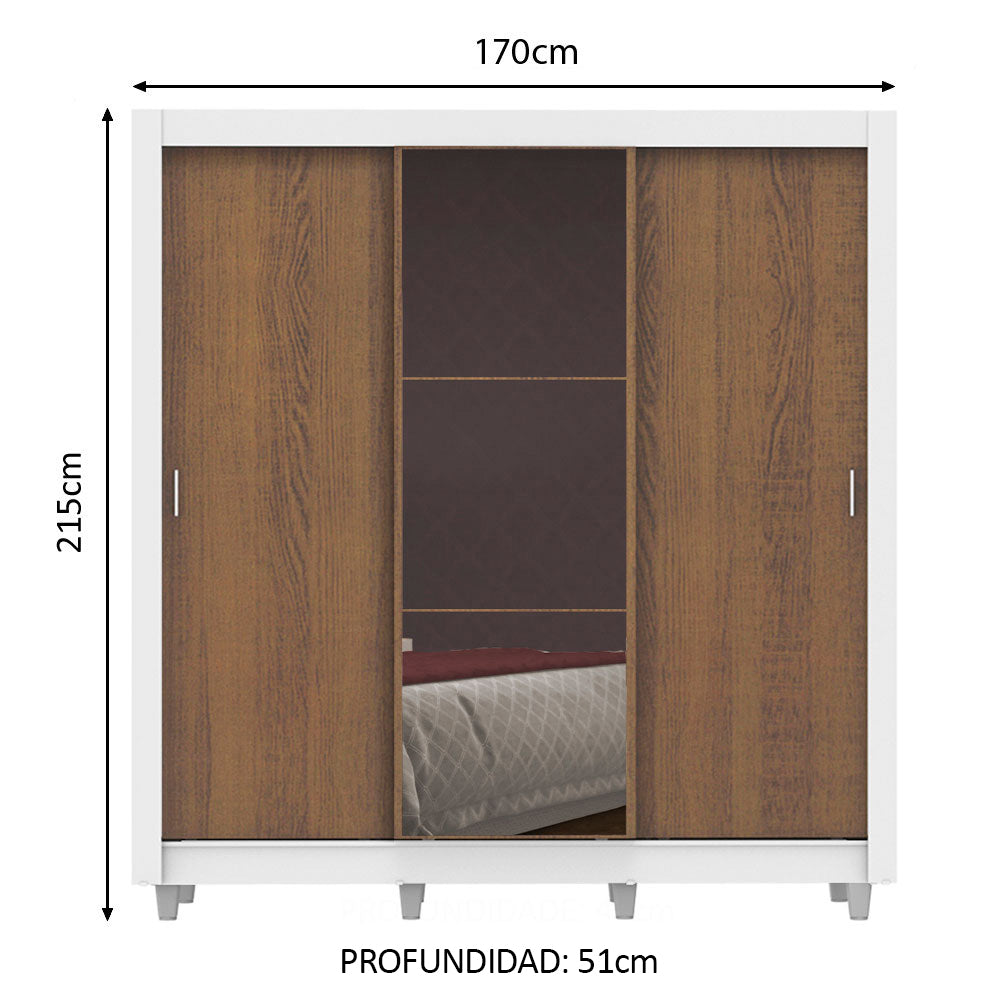 Placard Matrimonial Lyon Plus 3 Puertas Corredizas con Espejo 4 Cajones con Patas Blanco/Marrón