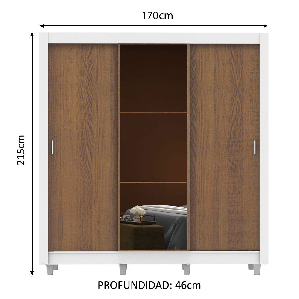 Placard Matrimonial Mónaco 3 Puertas Corredizas con Espejo con Patas Blanco/Marrón