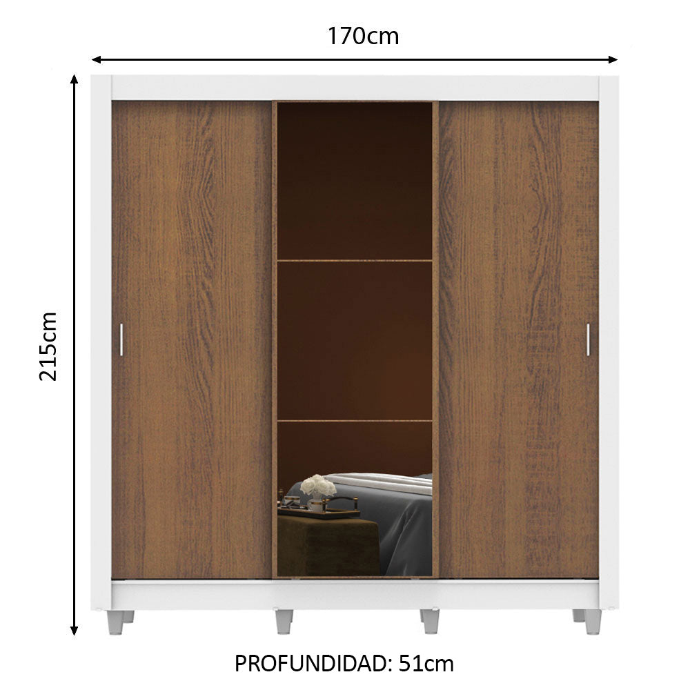 Placard Matrimonial Mónaco 3 Puertas Corredizas con Espejo con Patas Blanco/Marrón