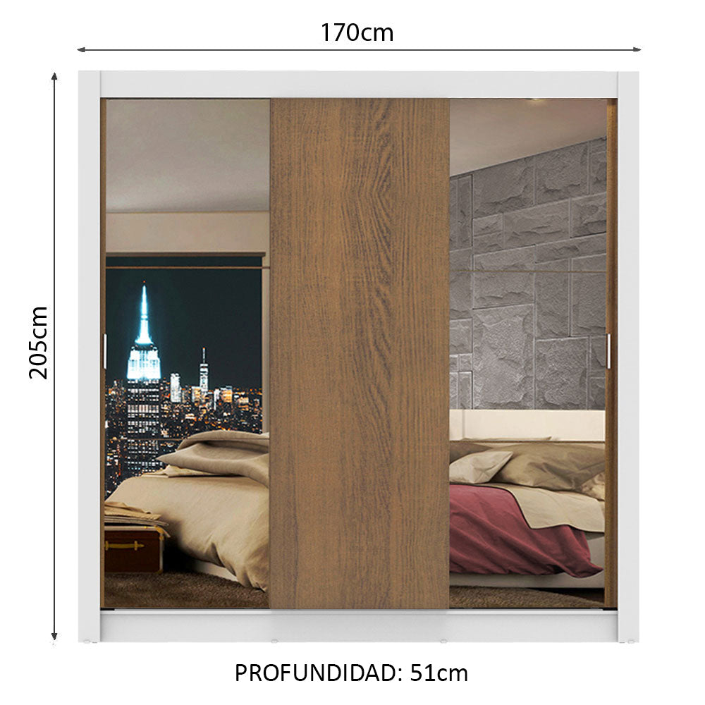 Placard Matrimonial Lyon 3 Puertas Corredizas con Espejos 2 Cajones Blanco/Marrón