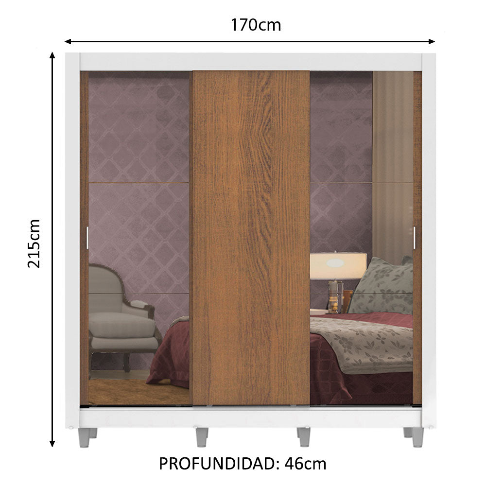 Placard Matrimonial Lyon 3 Puertas Corredizas con Espejos 2 Cajones con Patas Blanco/Marrón