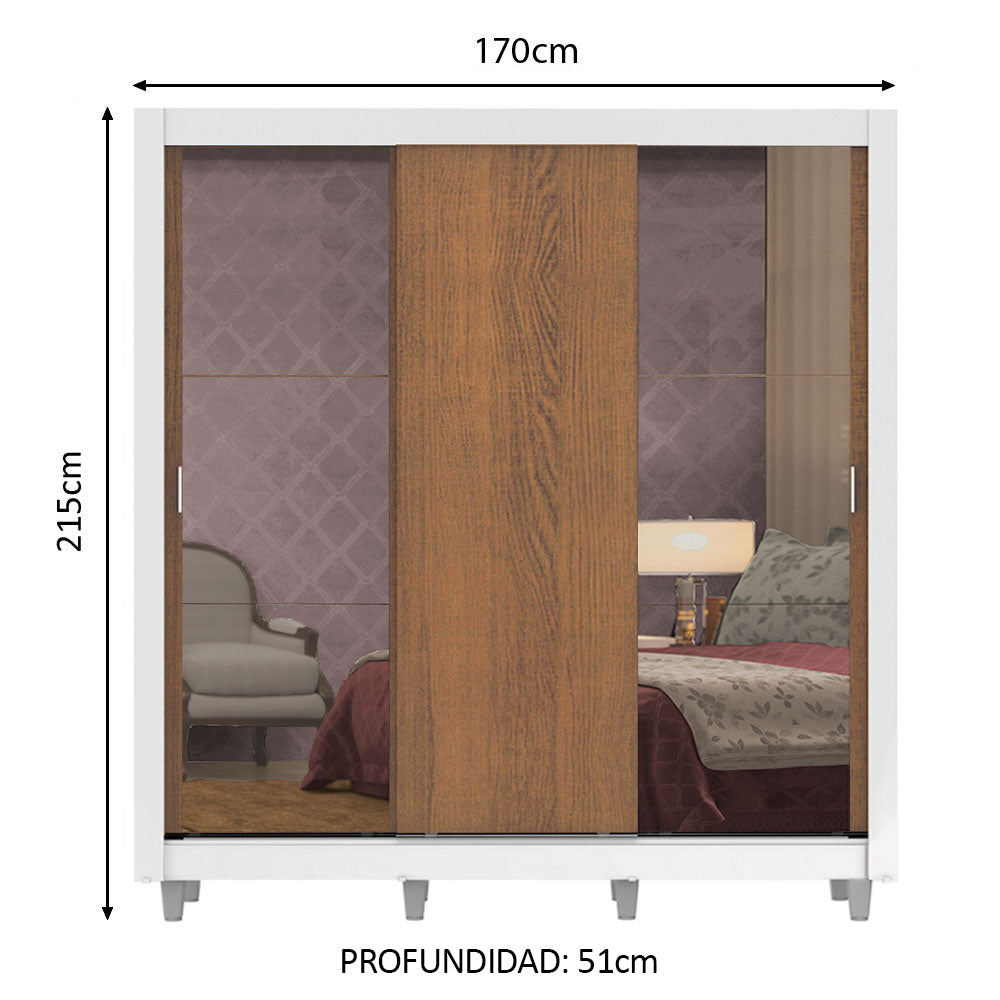 Placard Matrimonial Lyon 3 Puertas Corredizas con Espejos 2 Cajones con Patas Blanco/Marrón