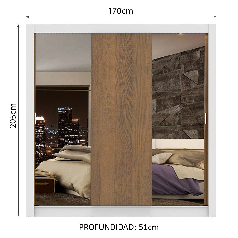 Placard Matrimonial Lyon Plus 3 Puertas Corredizas con Espejos 4 Cajones Blanco/Marrón