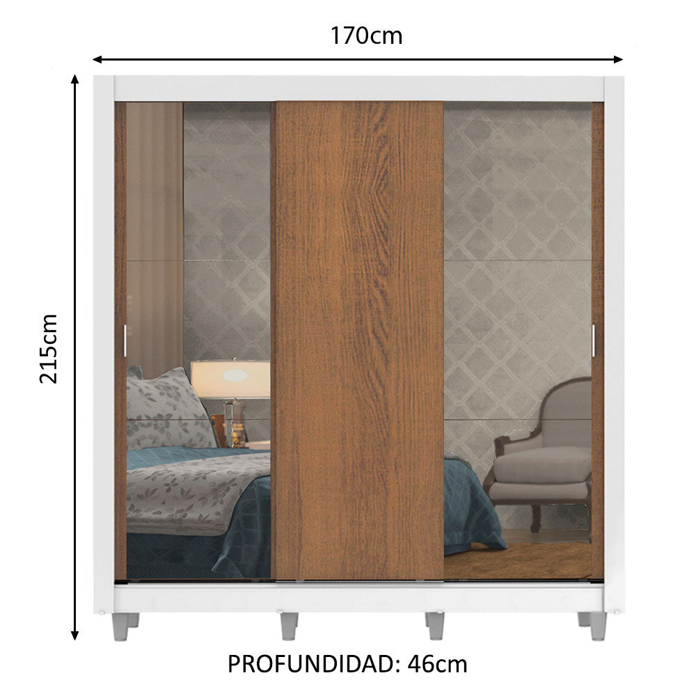 Placard Matrimonial Lyon Plus 3 Puertas Corredizas con Espejos 4 Cajones con Patas Blanco/Marrón