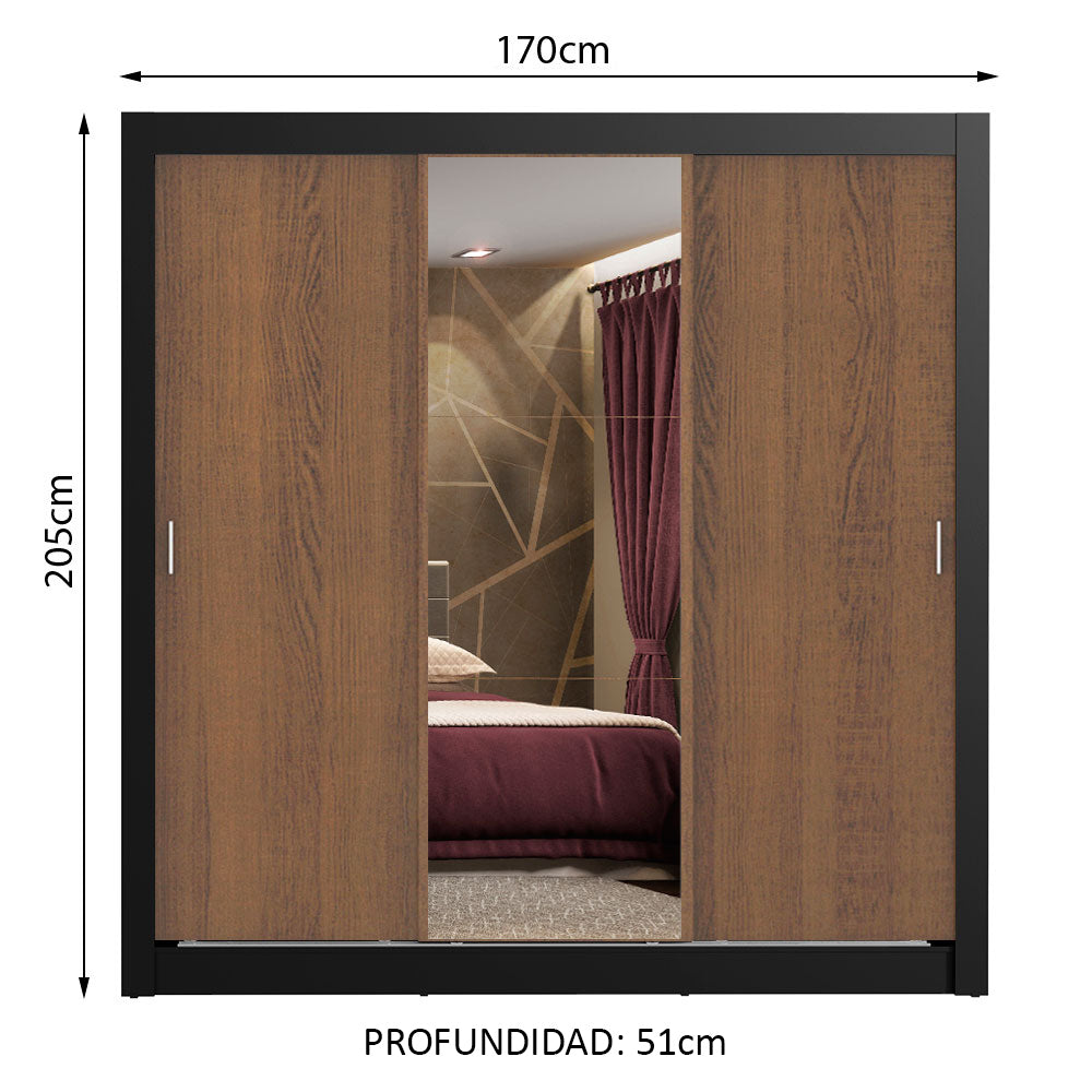 Placard Matrimonial Lyon Plus 3 Puertas Corredizas con Espejo 4 Cajones Negro/Marrón
