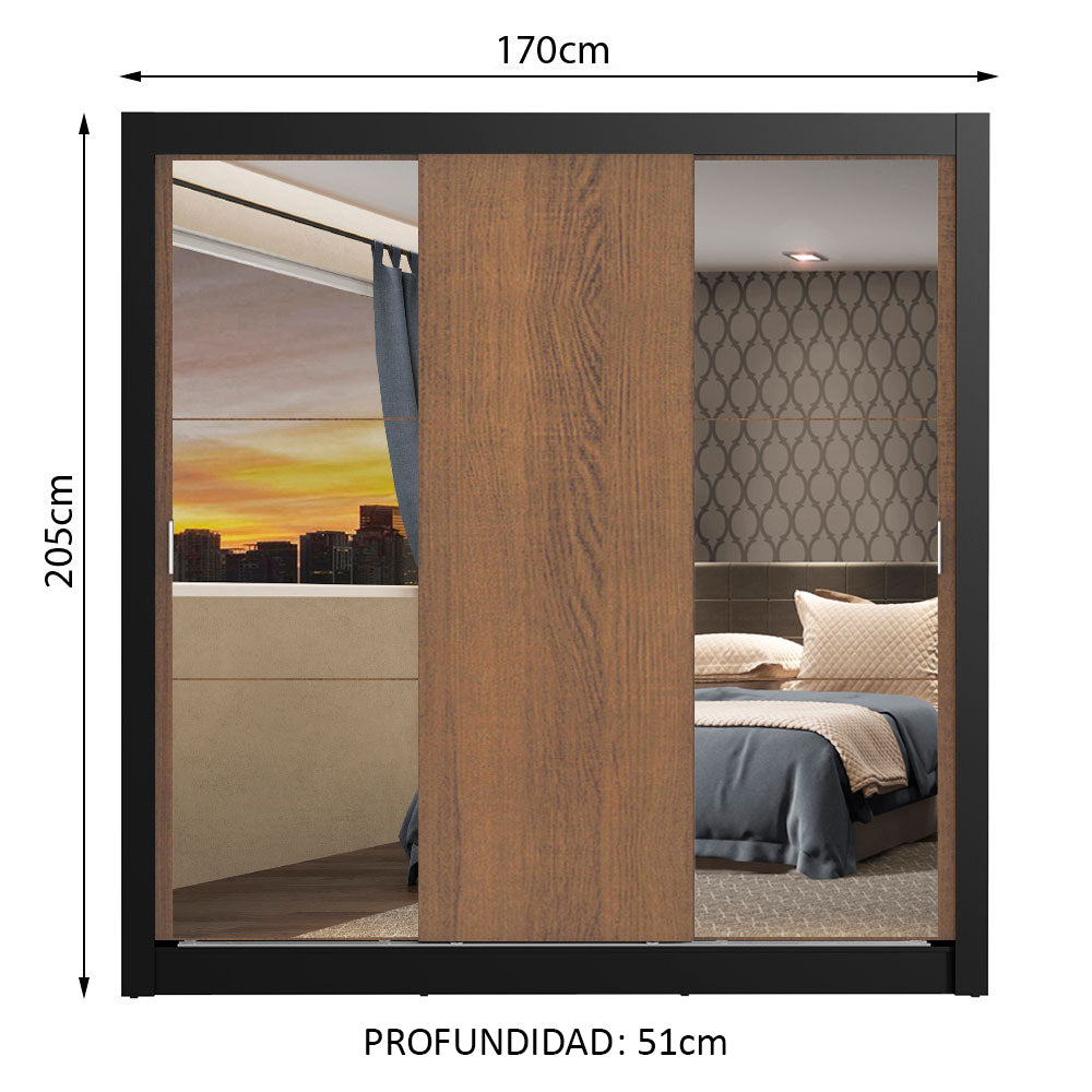 Placard Matrimonial Monaco 3 Puertas Corredizas 2 con Espejos Negro/Marrón