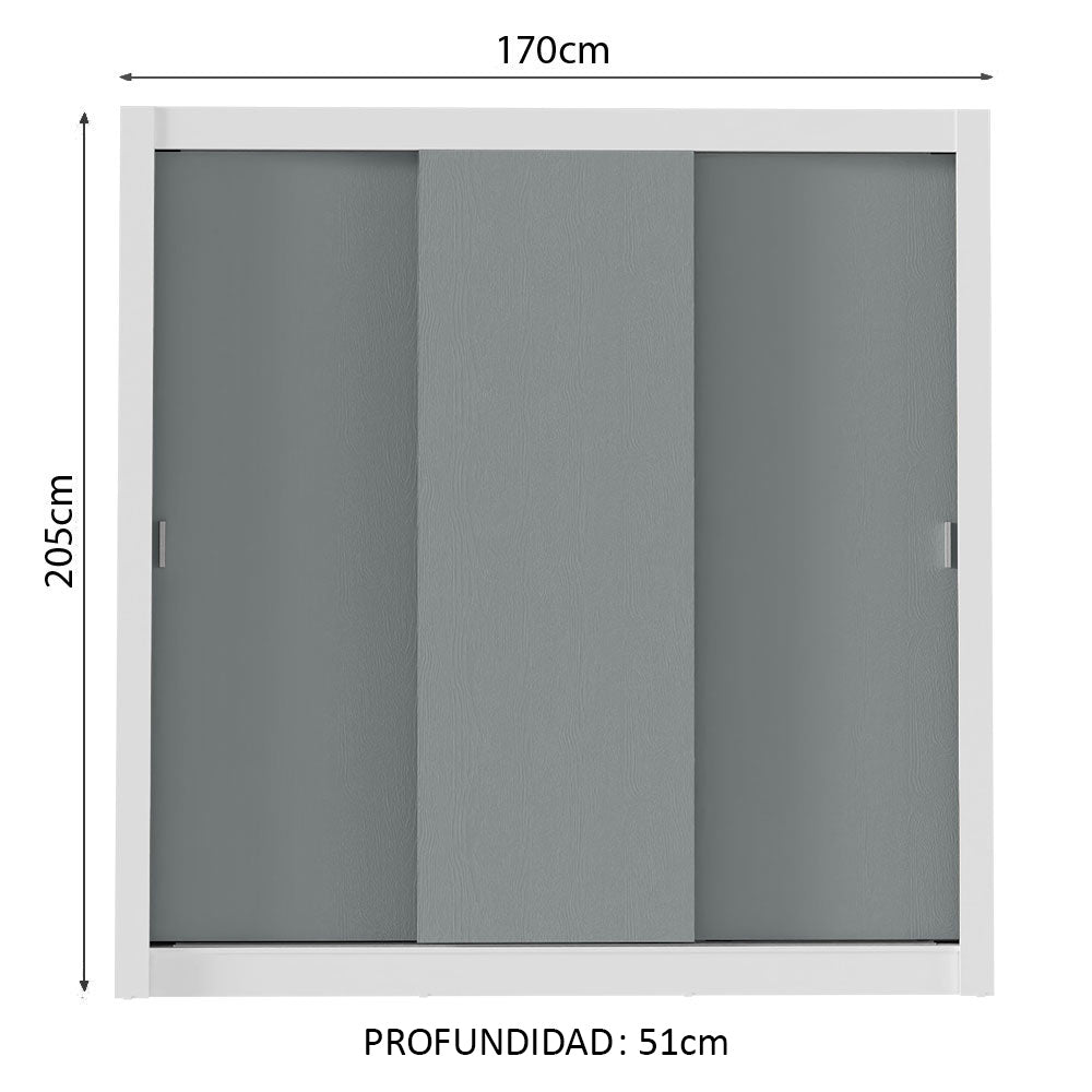 Placard Matrimonial 3 Puertas Corredizas Blanco/Gris Monaco