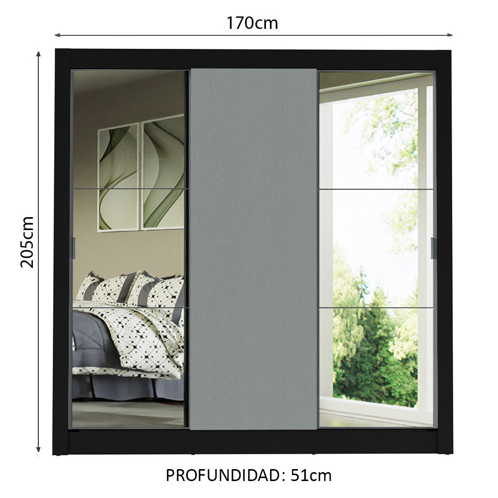 Placard Matrimonial 3 Puertas Corredizas con Espejos Negro/Gris Monaco