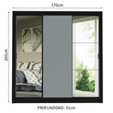 Placard Matrimonial 3 Puertas Corredizas con Espejos Negro/Gris Monaco
