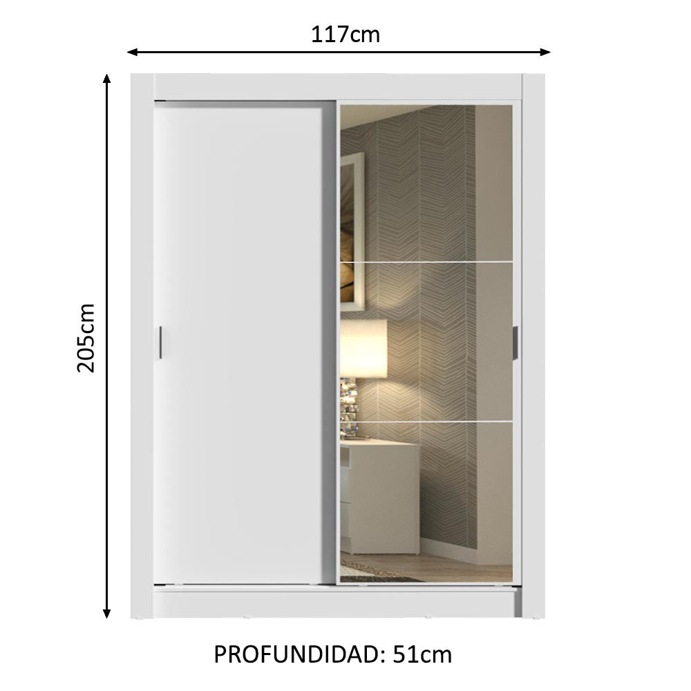 Placard Soltero Dallas 2 Puertas Corredizas con Espejo 2 Cajones Blanco