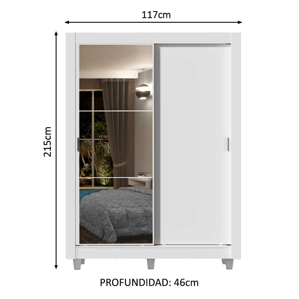 Placard Soltero Dallas 2 Puertas Corredizas con Espejo 2 Cajones con Patas Blanco