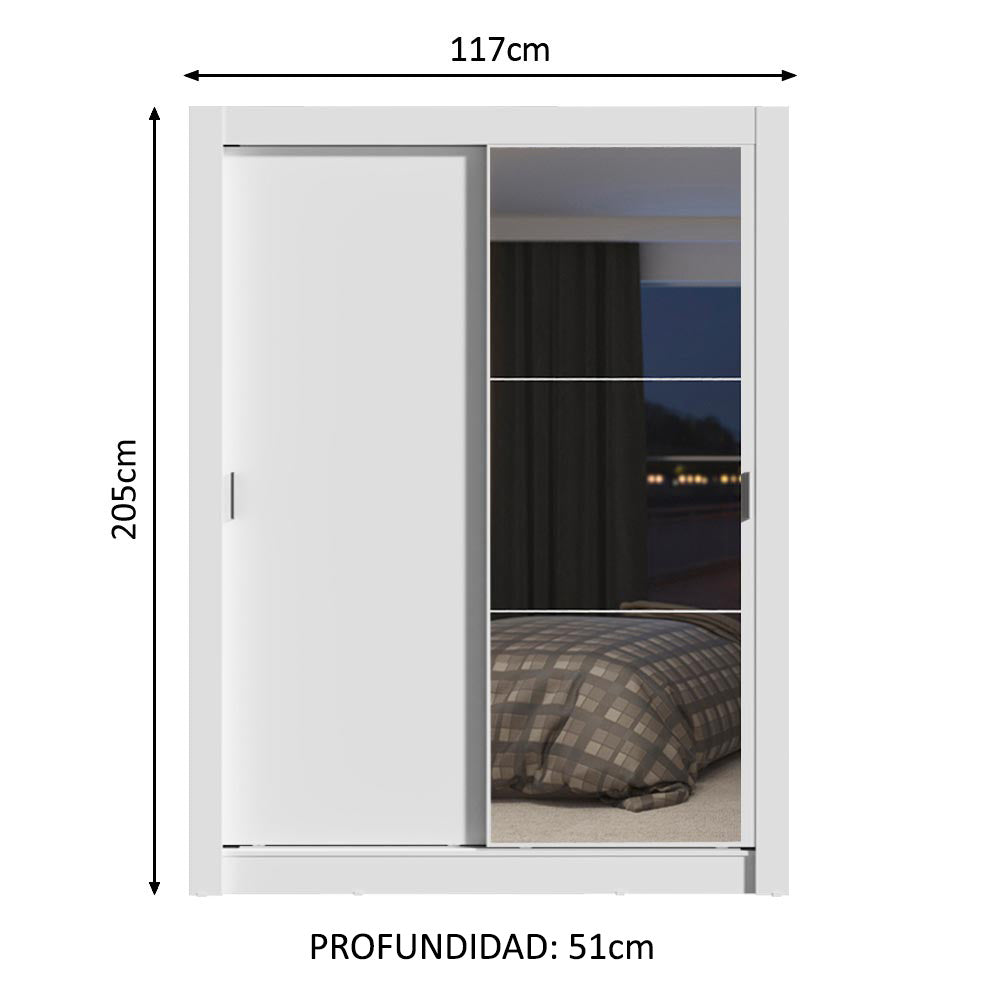 Placard Soltero Dallas Plus 2 Puertas Corredizas con Espejo 4 Cajones Blanco