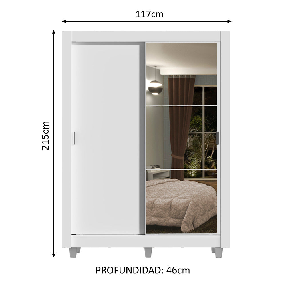 Placard Soltero Dallas Plus 2 Puertas Corredizas con Espejo 4 Cajones con Patas Blanco