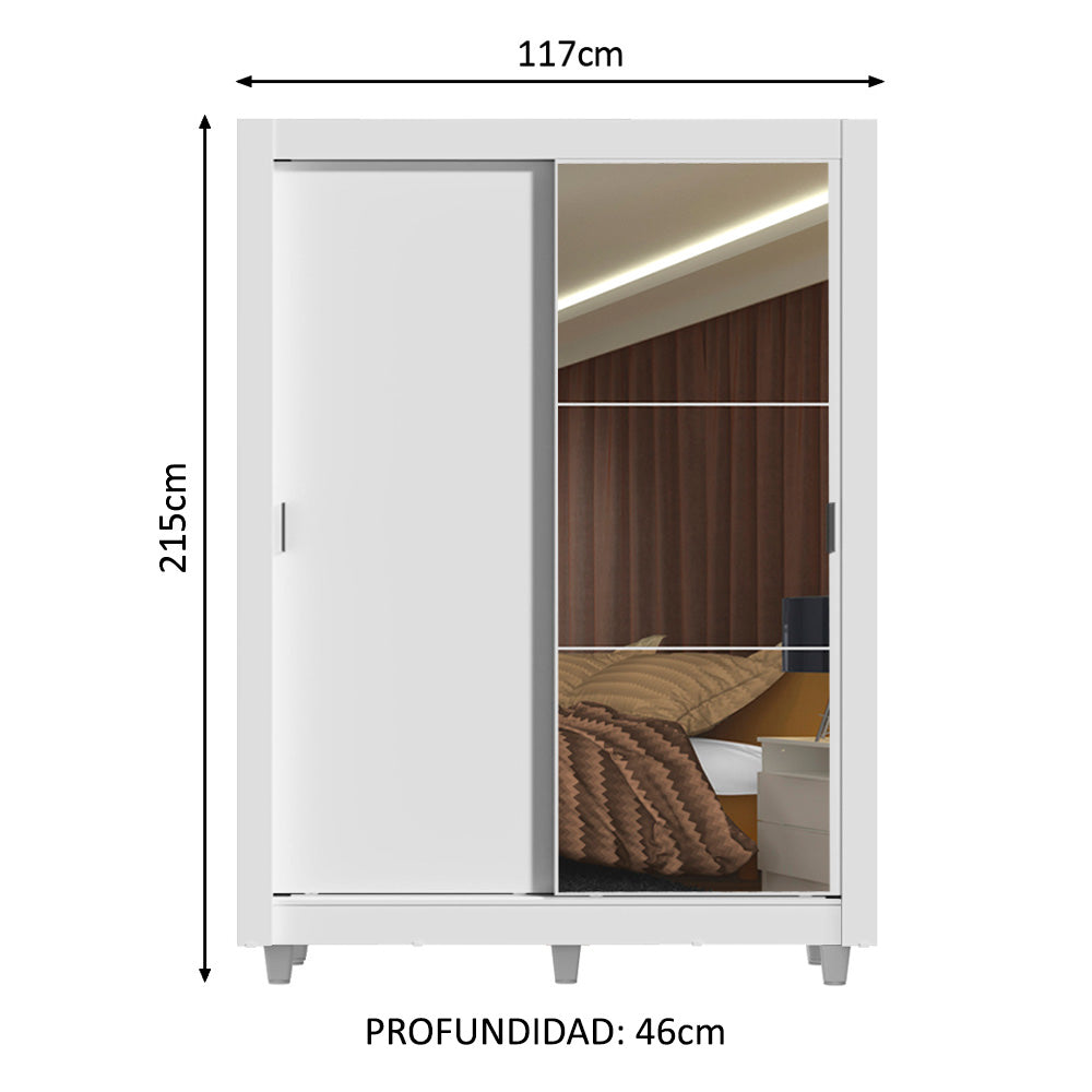 Placard Soltero Denver 2 Puertas Corredizas con Espejo con Patas Blanco