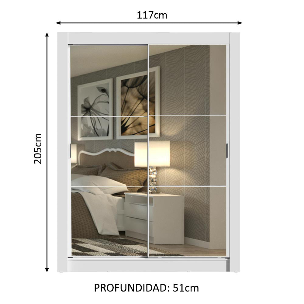 Placard Soltero Dallas 2 Puertas Corredizas con Espejo 2 Cajones Blanco