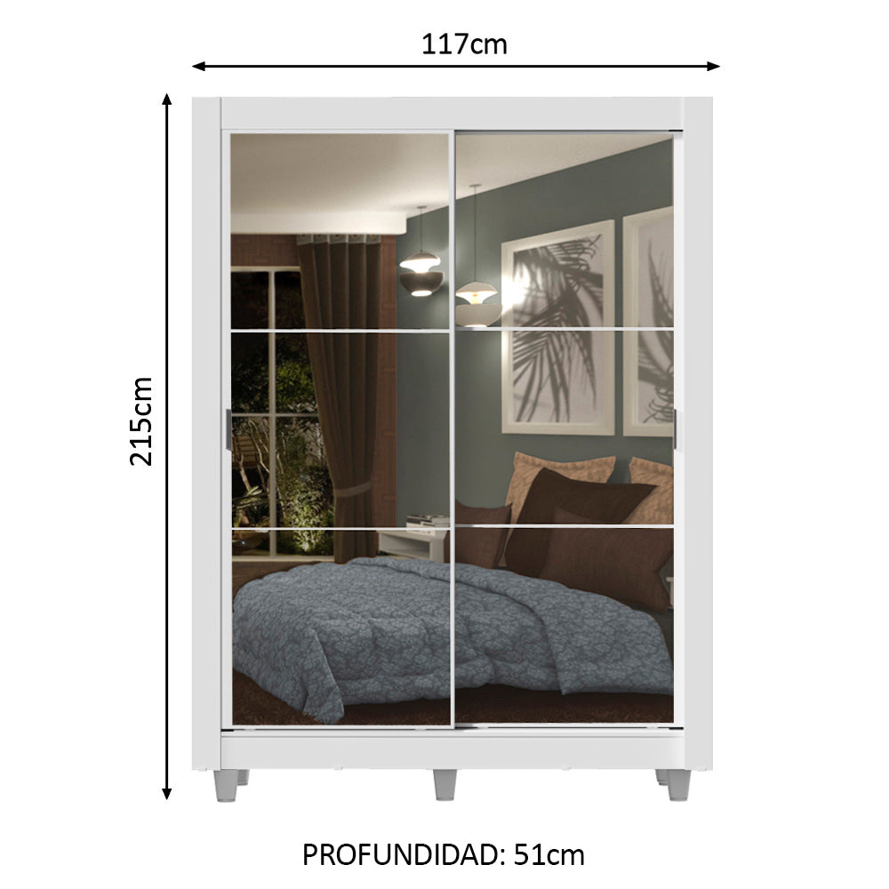 Placard Soltero Dallas 2 Puertas Corredizas con Espejo 2 Cajones con Patas Blanco