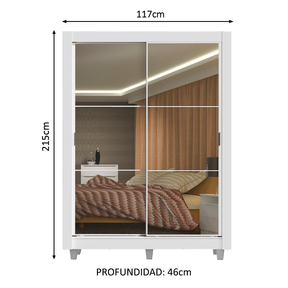 Placard Soltero Denver 2 Puertas Corredizas con Espejo con Patas Blanco