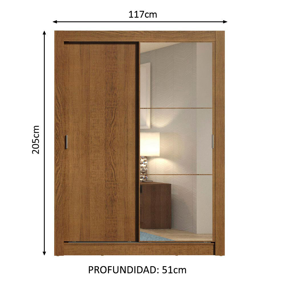 Placard Soltero 2 Puertas Corredizas con Espejo 2 Cajones Marrón Dallas