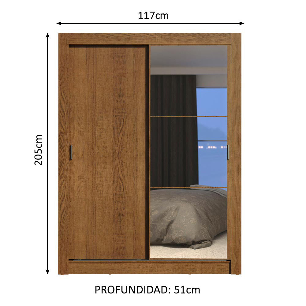 Placard Soltero 2 Puertas Corredizas con Espejo 4 Cajones Marrón Dallas Plus